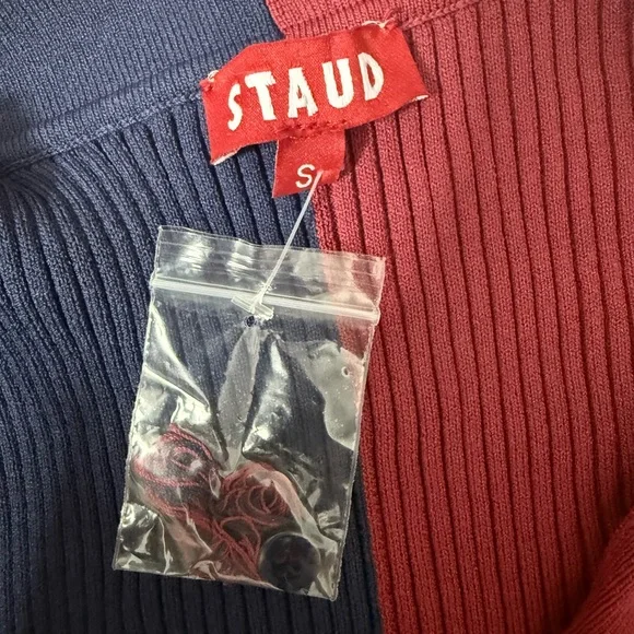 Staud Top Colorblock Ribbed Knit Shirt | Navy & Brick Red NTW - Picture 6 of 8